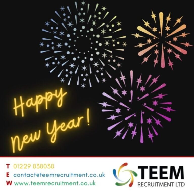 New Year's Resolutions with TEEM! Bright yellow Happy New Year with multicoloured fireworks on a black background
